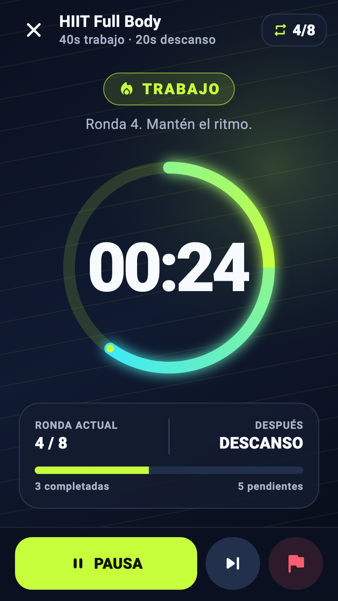 El contador HIIT muestra el tiempo de trabajo y la ronda actual