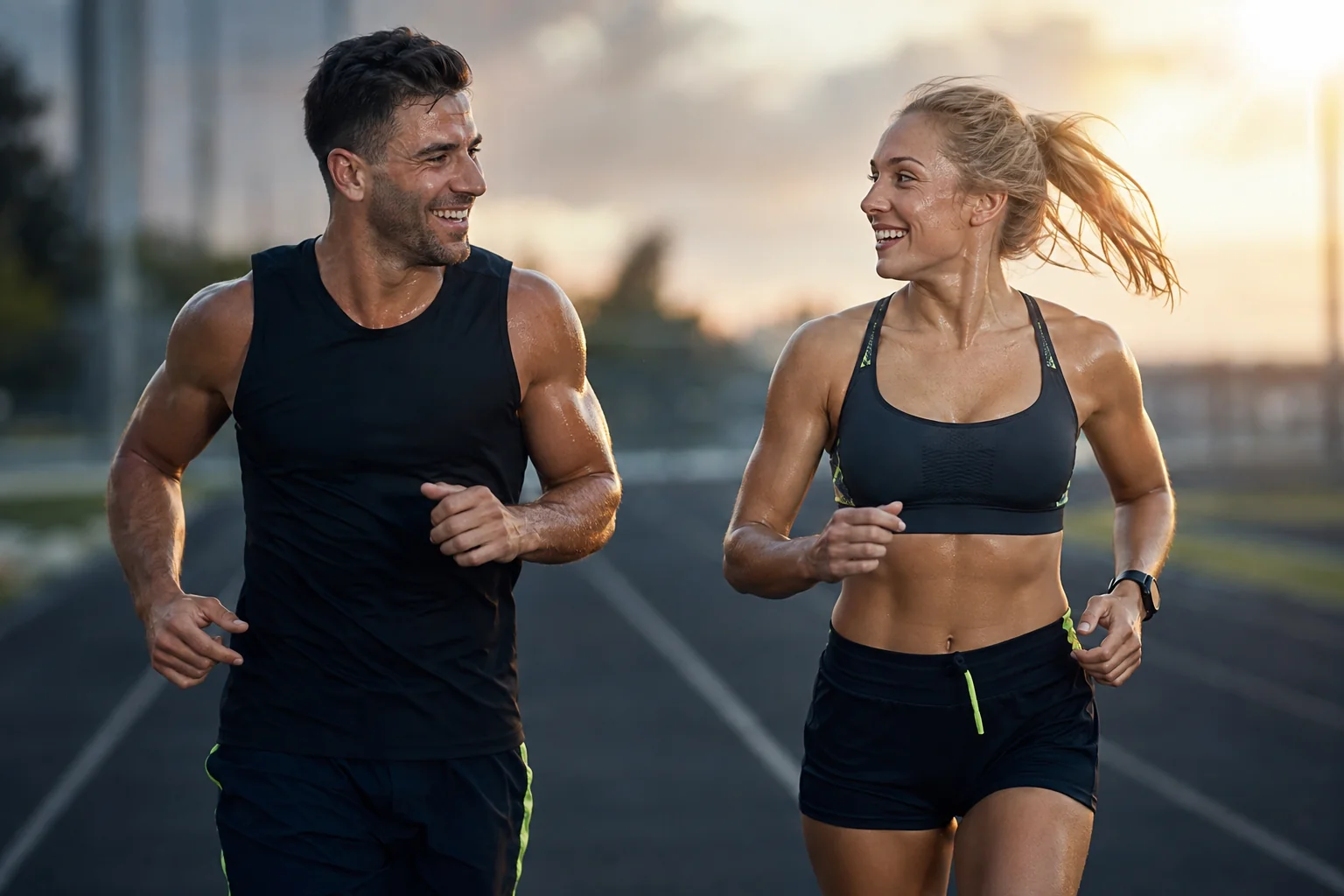Un hombre y una mujer corren y se animan durante un entrenamiento al aire libre